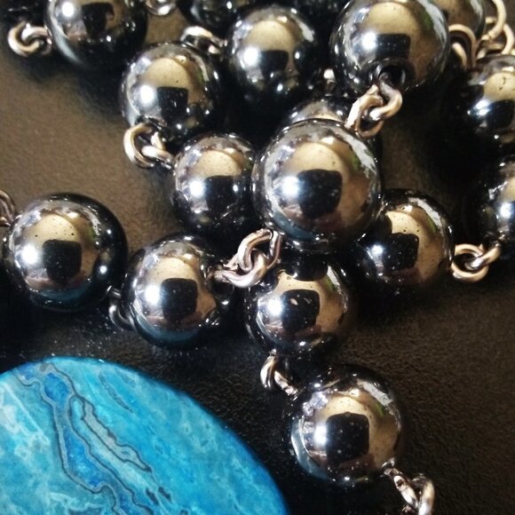 Blue Crazy Lace Agate Heart & Hematite Choker! Calm + Tranquility Heart Necklace - Picture 8 of 14